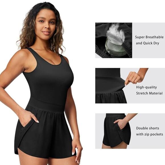 Athletic Tank Tops Built in Bra Jumpsuits Onesie Gym Shorts Rompers Zip Pockets - Picture 4 of 6